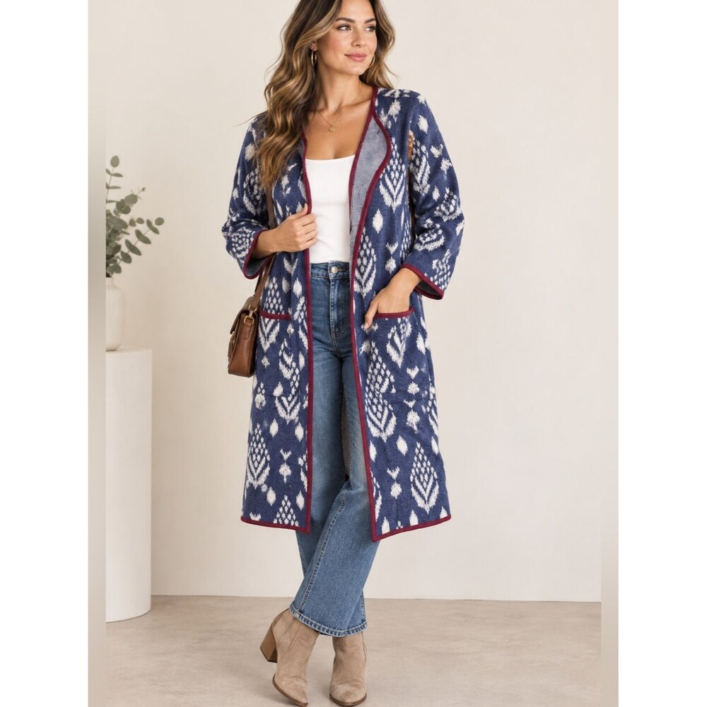 Antthony Original Ikat fair isle longline open front duster knit cardigan